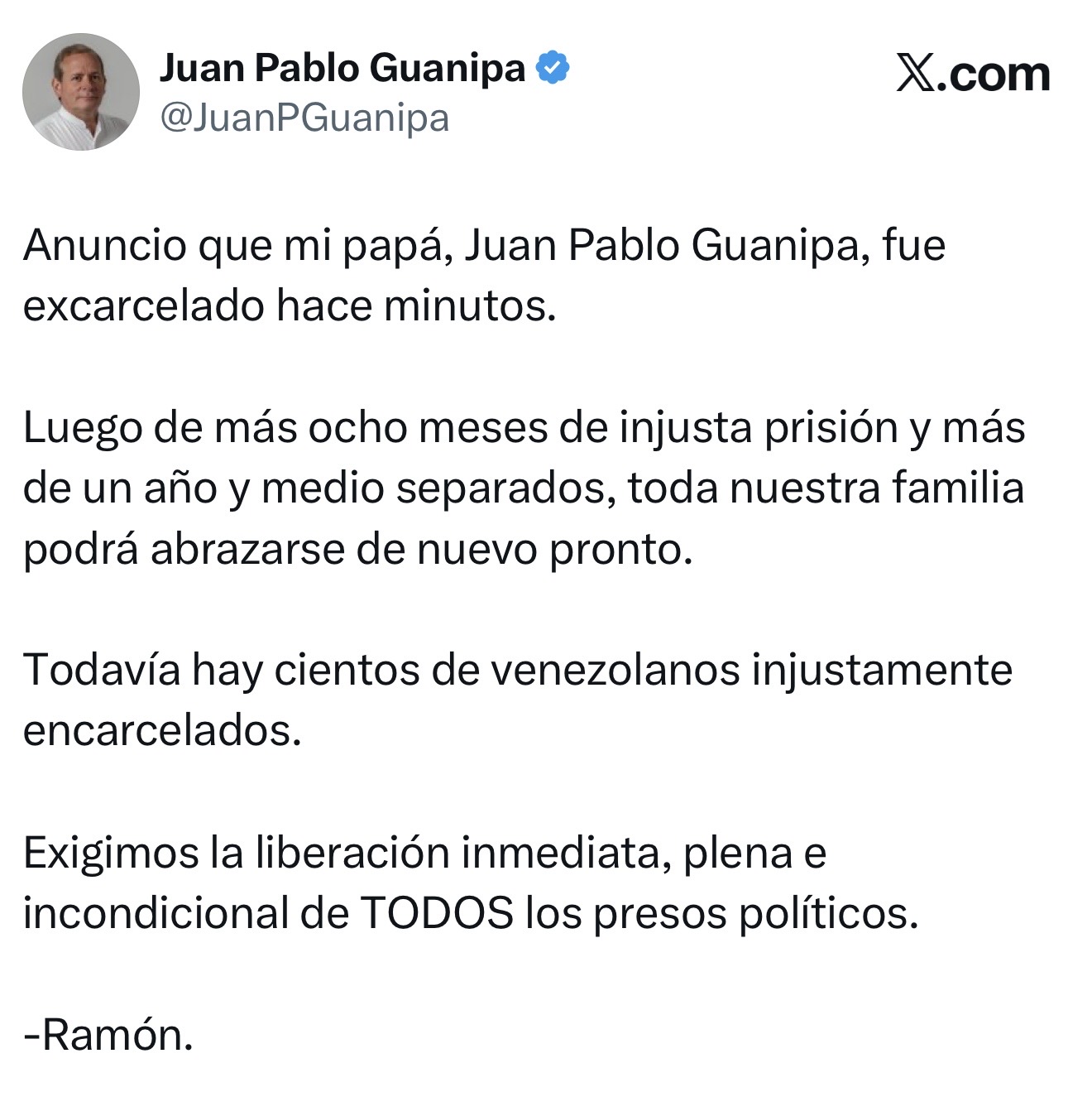 Excarcelan a  Juan Pablo Guanipa  tras más de ocho meses de prisión en Venezuela