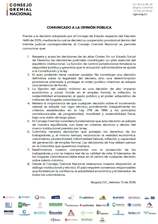 Consejo Gremial Nacional respalda decisión del Consejo de Estado y pide rigor técnico en debate sobre salario mínimo