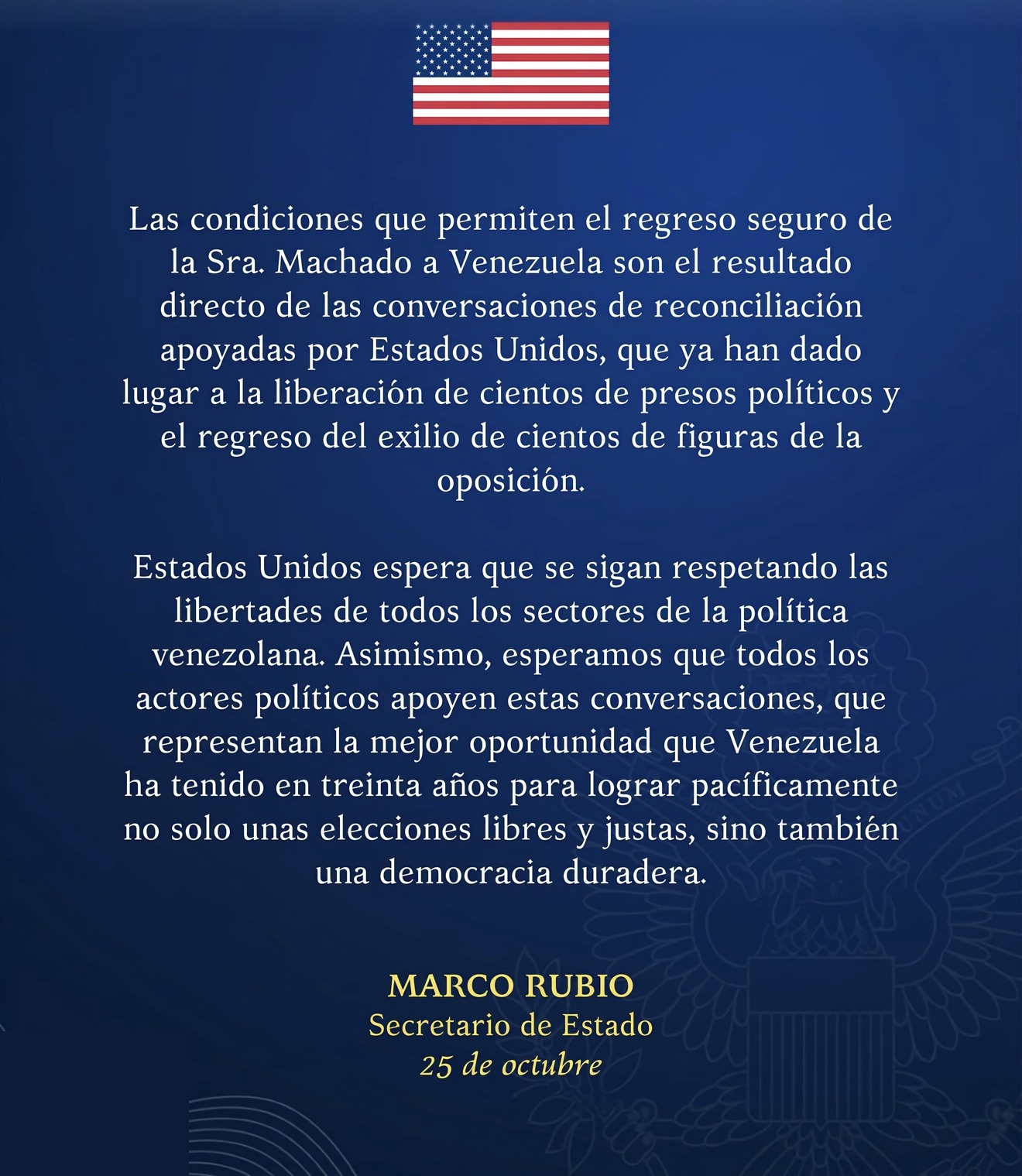 Rubio: el regreso de María Corina Machado es fruto de las conversaciones que apoya EE. UU.